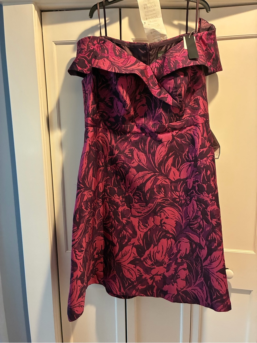 Xscape Strapless Floral Jacquard Cocktail Dress in Purple and Magenta